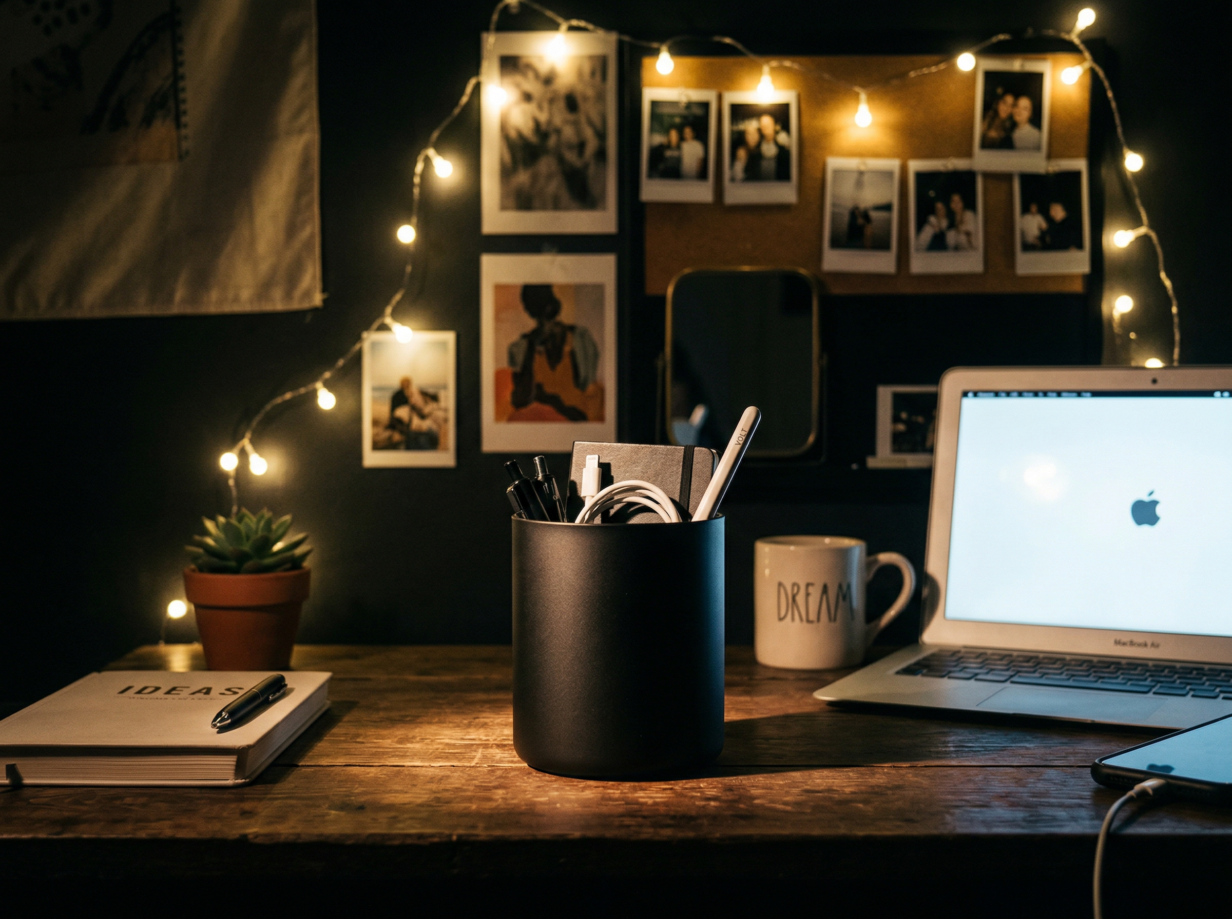 Matte black sleek bucket container on a college dorm desk