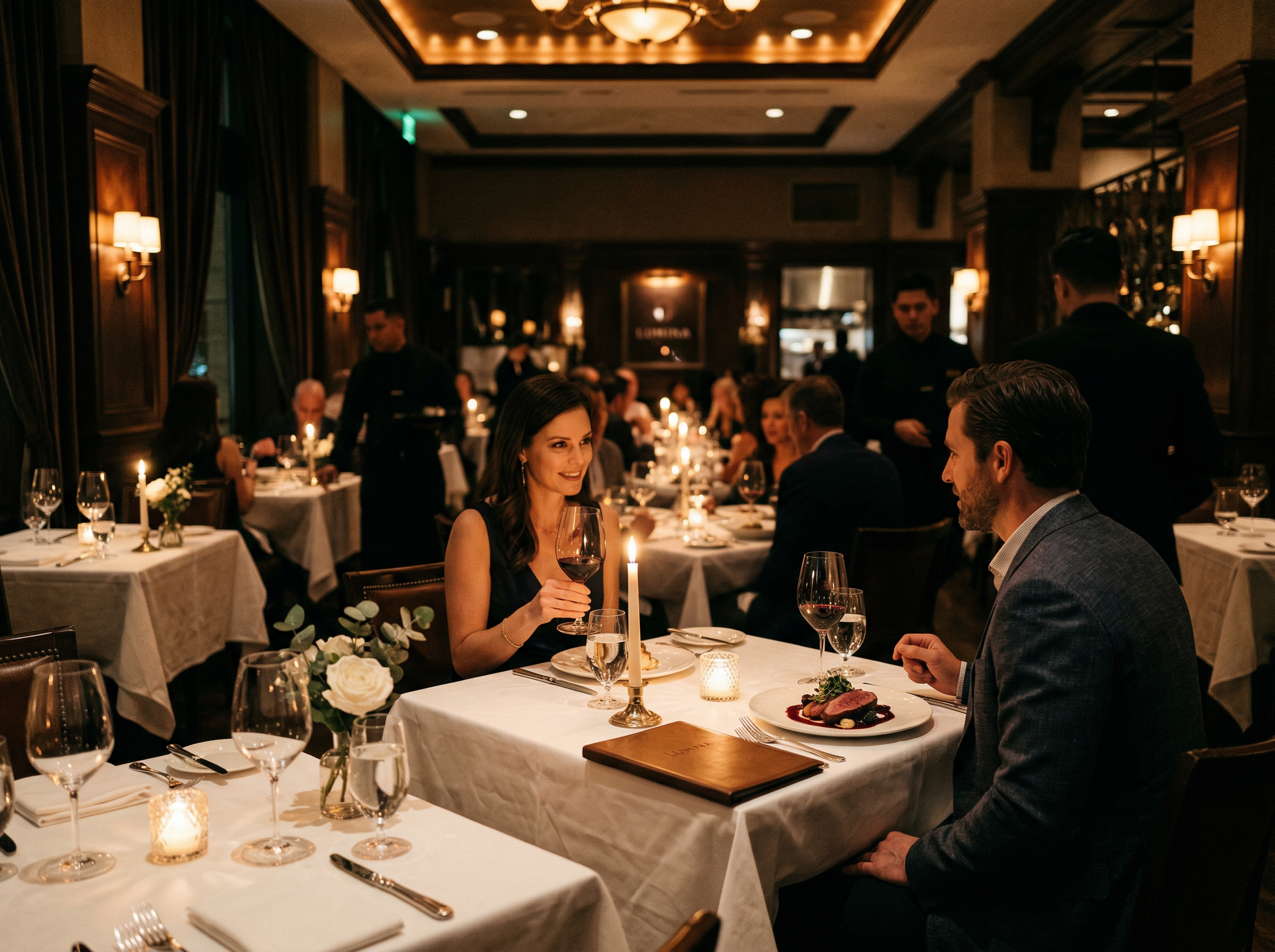 Elegant fine dining restaurant interior with warm ambient lighting